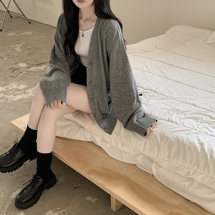 왕오버핏 브이넥 와이드소매 간절기 가디건 다크그레이