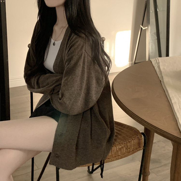 왕오버핏 브이넥 와이드소매 간절기 가디건 브라운