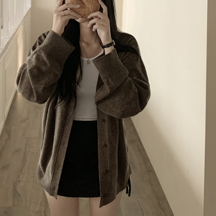 왕오버핏 브이넥 와이드소매 간절기 가디건 브라운