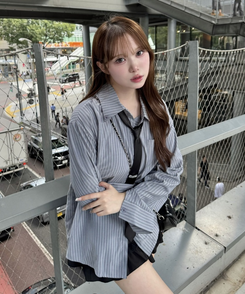 【タイ付き】ビッグサイズストライプTシャツ GREY