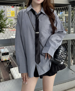 【タイ付き】ビッグサイズストライプTシャツ GREY