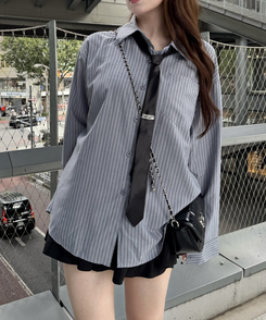 【タイ付き】ビッグサイズストライプTシャツ GREY
