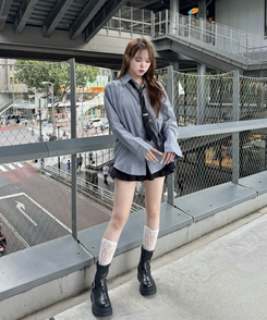 【タイ付き】ビッグサイズストライプTシャツ GREY