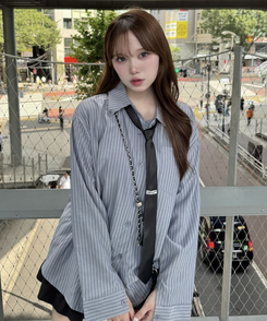 【タイ付き】ビッグサイズストライプTシャツ GREY