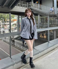 【タイ付き】ビッグサイズストライプTシャツ GREY