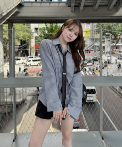 【タイ付き】ビッグサイズストライプTシャツ GREY