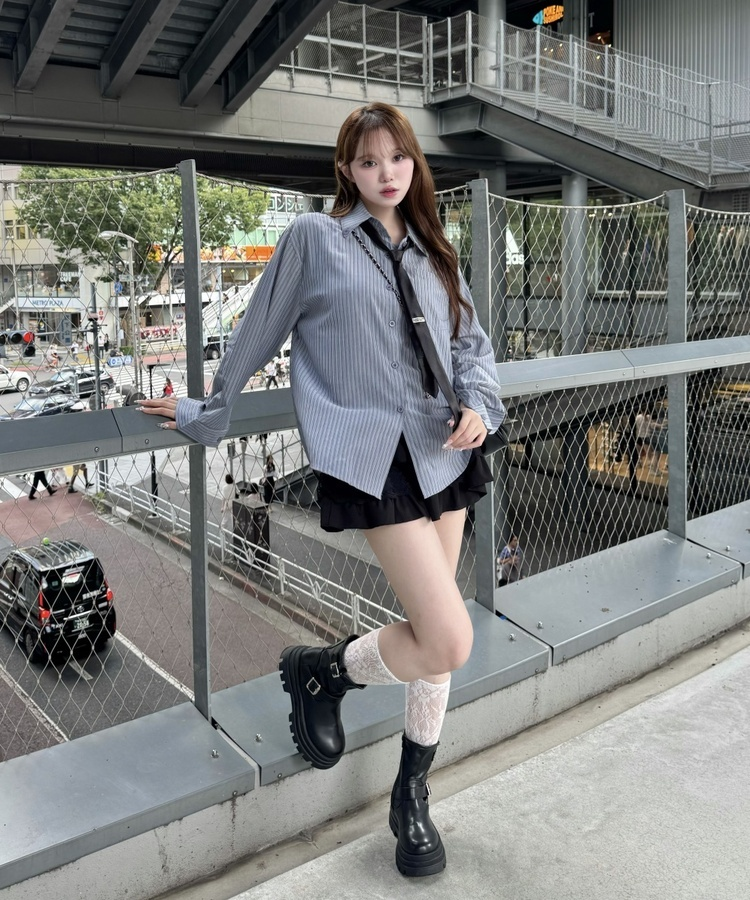 【タイ付き】ビッグサイズストライプTシャツ GREY