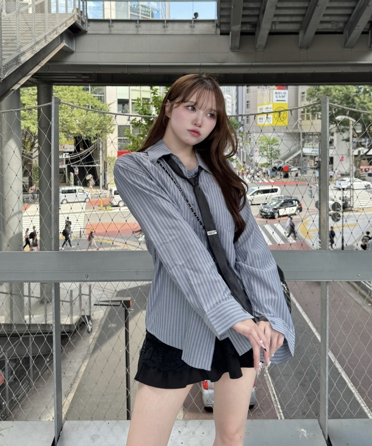 【タイ付き】ビッグサイズストライプTシャツ GREY