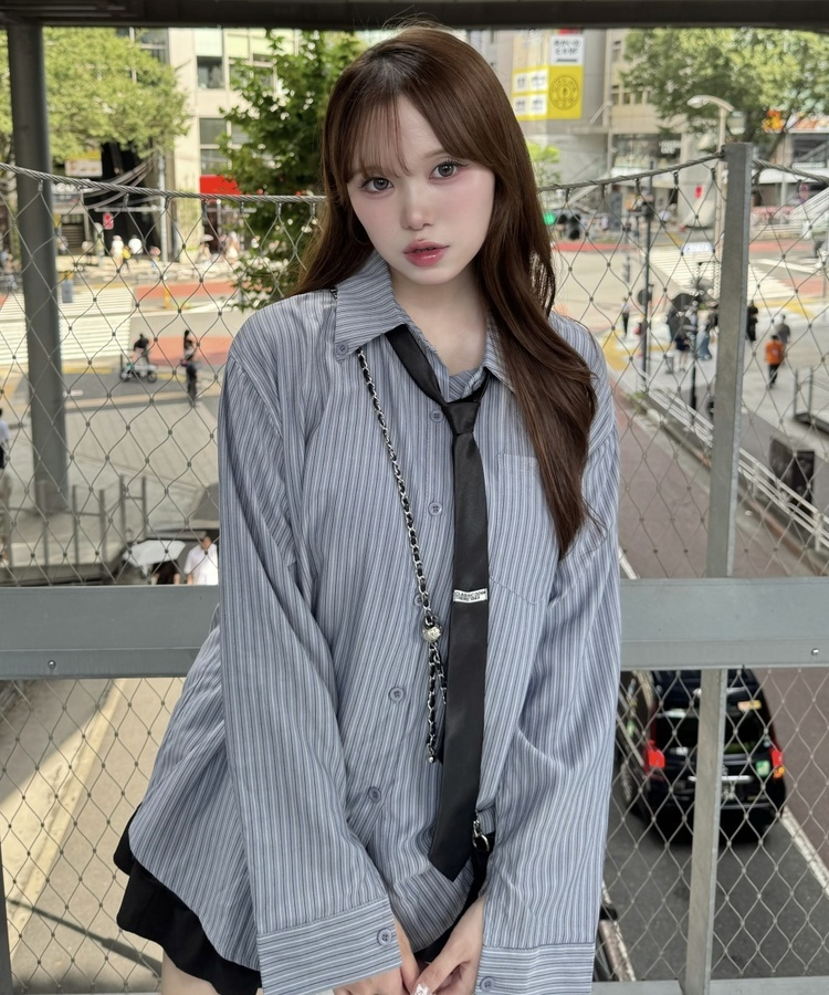 【タイ付き】ビッグサイズストライプTシャツ GREY