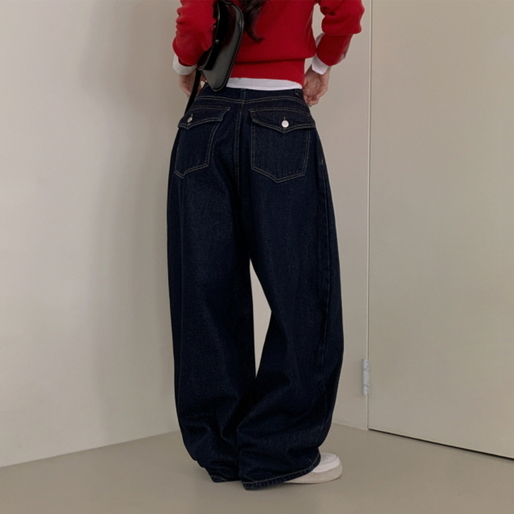 【丈別】ポケットデニムワイドパンツ BLUE