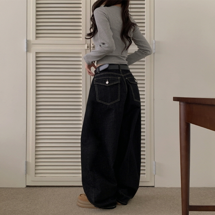 【丈別】ポケットデニムワイドパンツ BLACK DENIM