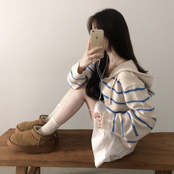 ストライプニットフードジップアップ｜ジャンパー｜韓国ファッション