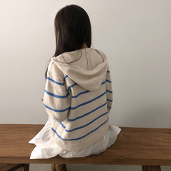 ストライプニットフードジップアップ｜ジャンパー｜韓国ファッション