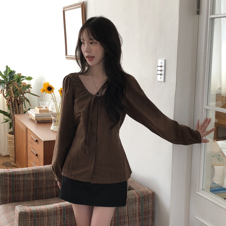 リボンパフブラウス BROWN
