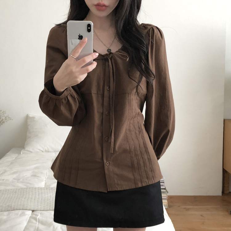 リボンパフブラウス BROWN
