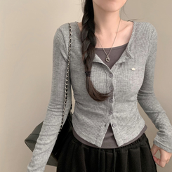 로아 골지 레이어드 긴팔 가디건 긴팔티 셔링 상의 가을 가을옷 봄 봄옷 롱슬리브 그레이