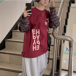 스타즈 스트라이프 레이어드 오버핏 긴팔 티셔츠 버건디