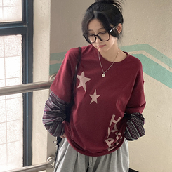 스타즈 스트라이프 레이어드 오버핏 긴팔 티셔츠 버건디