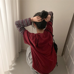 스타즈 스트라이프 레이어드 오버핏 긴팔 티셔츠 버건디