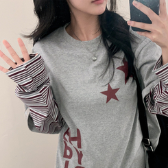 스타즈 스트라이프 레이어드 오버핏 긴팔 티셔츠 그레이