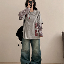 스타즈 스트라이프 레이어드 오버핏 긴팔 티셔츠 그레이