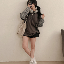 스타즈 스트라이프 레이어드 오버핏 긴팔 티셔츠 카키