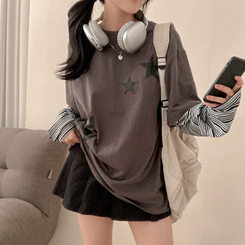 스타즈 스트라이프 레이어드 오버핏 긴팔 티셔츠 카키