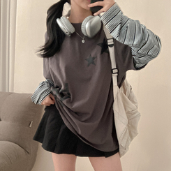 스타즈 스트라이프 레이어드 오버핏 긴팔 티셔츠 카키
