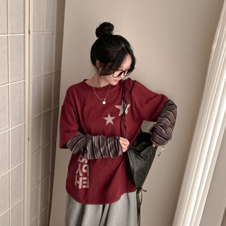 스타즈 스트라이프 레이어드 오버핏 긴팔 티셔츠 버건디