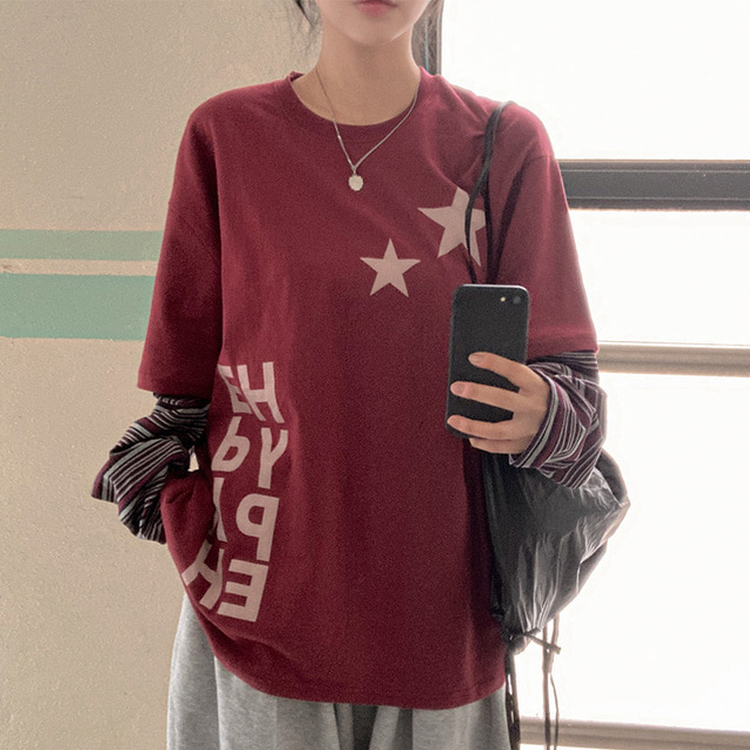 스타즈 스트라이프 레이어드 오버핏 긴팔 티셔츠 버건디