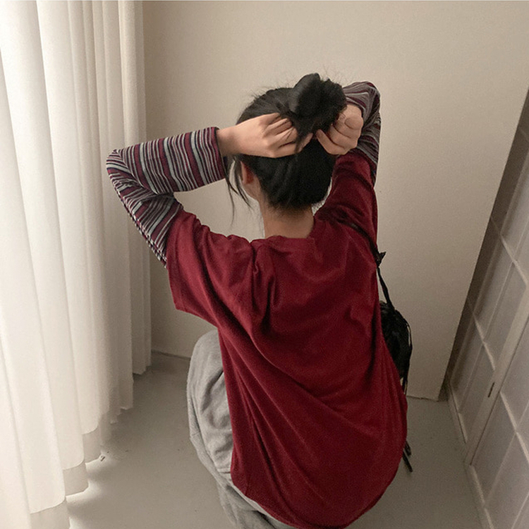 스타즈 스트라이프 레이어드 오버핏 긴팔 티셔츠 버건디