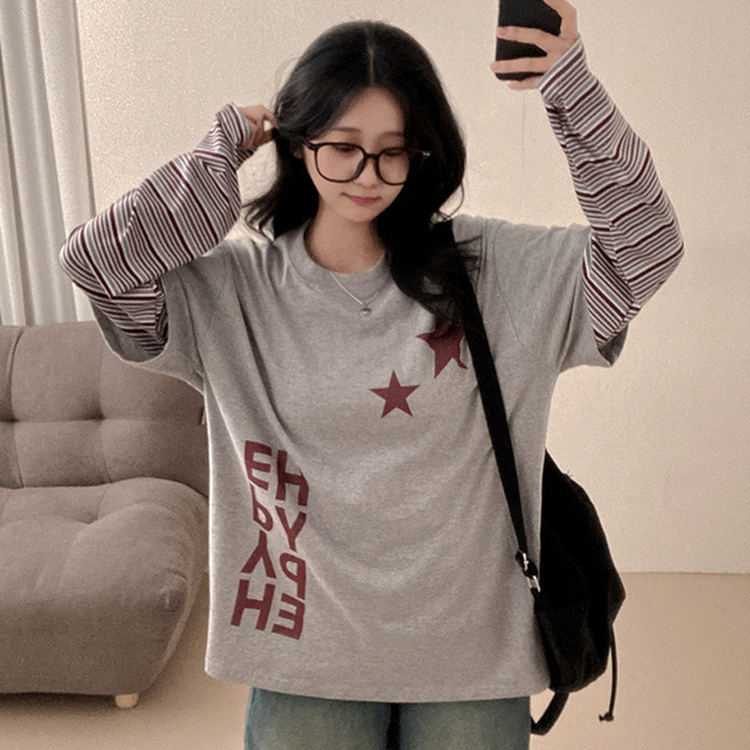 스타즈 스트라이프 레이어드 오버핏 긴팔 티셔츠 그레이
