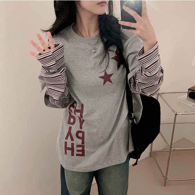 스타즈 스트라이프 레이어드 오버핏 긴팔 티셔츠 그레이