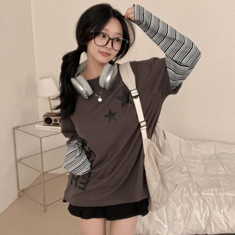 스타즈 스트라이프 레이어드 오버핏 긴팔 티셔츠 카키