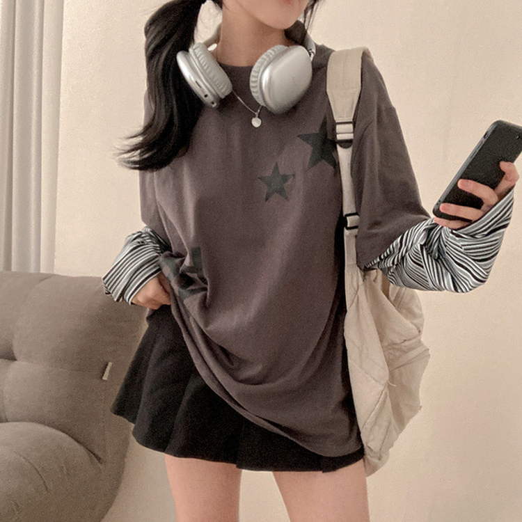 스타즈 스트라이프 레이어드 오버핏 긴팔 티셔츠 카키