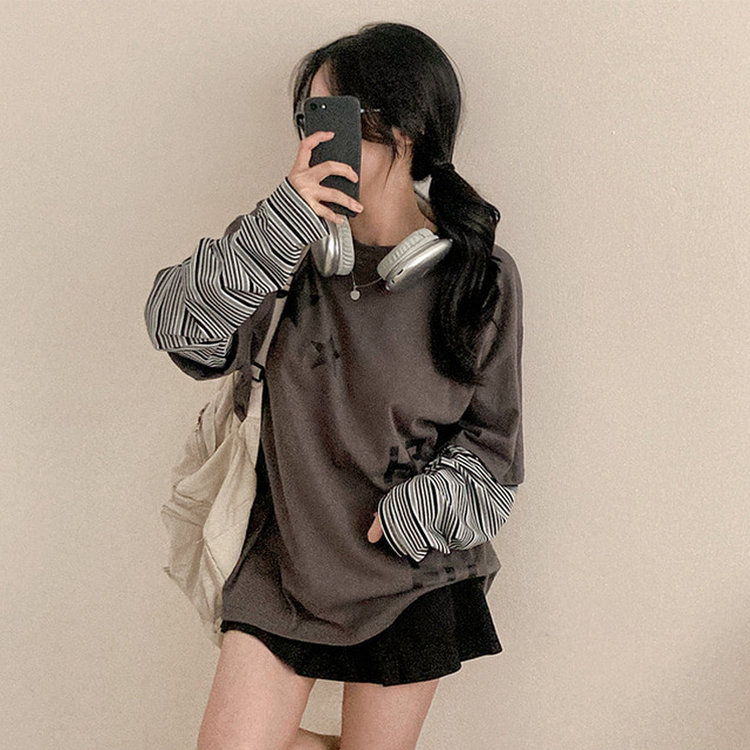 스타즈 스트라이프 레이어드 오버핏 긴팔 티셔츠 카키