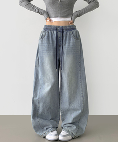 3XL폴딩 핀턱 밑단스냅 벌룬핏 와이드핏 밴딩 데님팬츠 연청