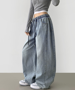 3XL폴딩 핀턱 밑단스냅 벌룬핏 와이드핏 밴딩 데님팬츠 연청