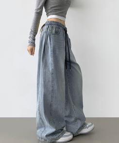 3XL폴딩 핀턱 밑단스냅 벌룬핏 와이드핏 밴딩 데님팬츠 연청