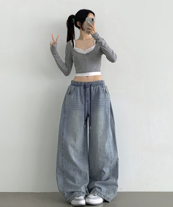 3XL폴딩 핀턱 밑단스냅 벌룬핏 와이드핏 밴딩 데님팬츠 연청