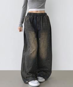 3XL폴딩 핀턱 밑단스냅 벌룬핏 와이드핏 밴딩 데님팬츠 빈티지중청