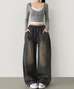 3XL폴딩 핀턱 밑단스냅 벌룬핏 와이드핏 밴딩 데님팬츠 빈티지중청