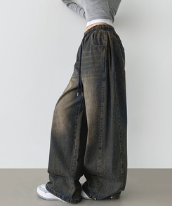 3XL폴딩 핀턱 밑단스냅 벌룬핏 와이드핏 밴딩 데님팬츠 빈티지중청
