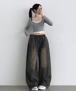 3XL폴딩 핀턱 밑단스냅 벌룬핏 와이드핏 밴딩 데님팬츠 빈티지중청