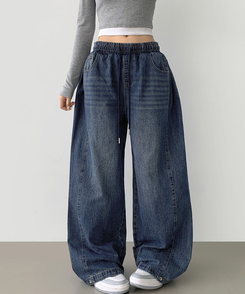 3XL폴딩 핀턱 밑단스냅 벌룬핏 와이드핏 밴딩 데님팬츠 중청