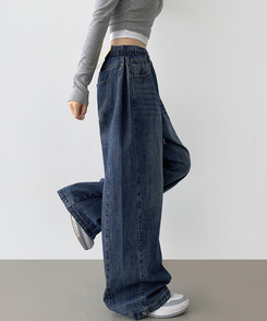 3XL폴딩 핀턱 밑단스냅 벌룬핏 와이드핏 밴딩 데님팬츠 중청