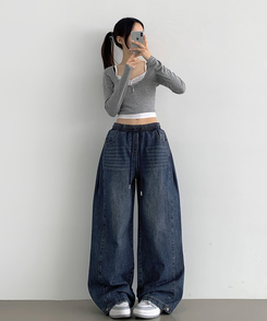 3XL폴딩 핀턱 밑단스냅 벌룬핏 와이드핏 밴딩 데님팬츠 중청