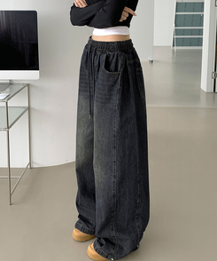 3XL폴딩 핀턱 밑단스냅 벌룬핏 와이드핏 밴딩 데님팬츠 그레이시진청