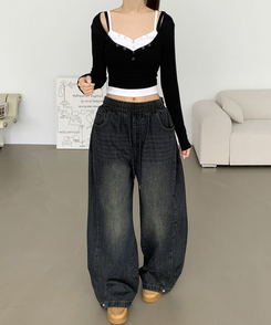 3XL폴딩 핀턱 밑단스냅 벌룬핏 와이드핏 밴딩 데님팬츠 그레이시진청