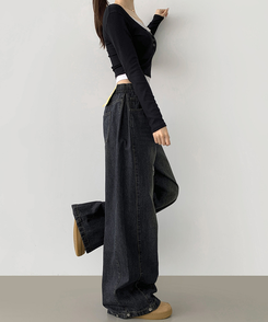 3XL폴딩 핀턱 밑단스냅 벌룬핏 와이드핏 밴딩 데님팬츠 그레이시진청